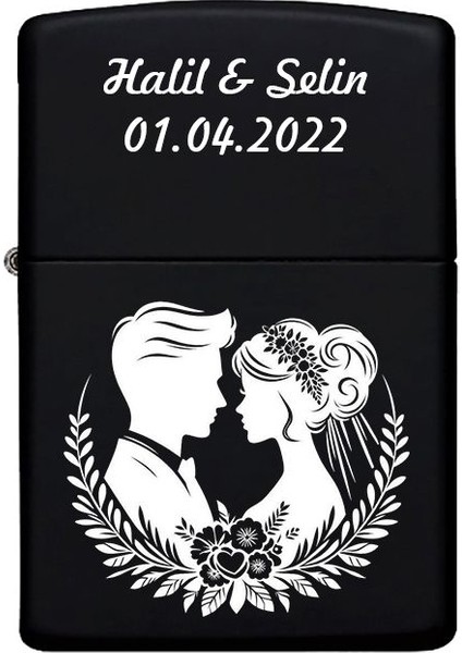 Gelin & Damat Desenli Kişiye Özel Isimli Benzinli Siyah Metal Çakmak