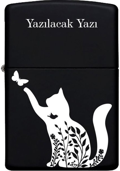 Kedi Desenli Kişiye Özel Isimli Benzinli Siyah Metal Çakmak MP19