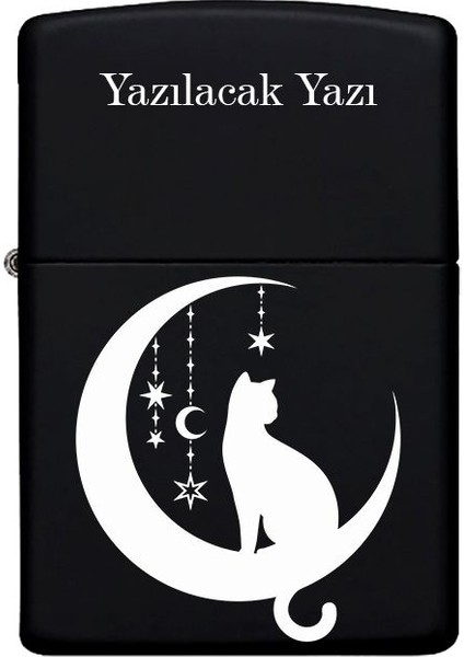 Kedi Desenli Kişiye Özel Isimli Benzinli Siyah Metal Çakmak MP20