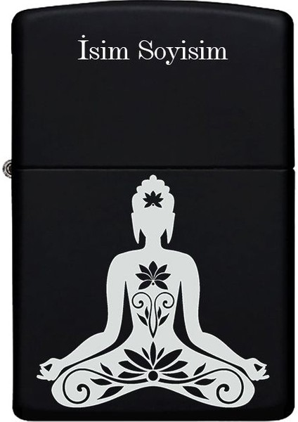 Meditasyon Desenli Kişiye Özel Isimli Benzinli Siyah Metal Çakmak