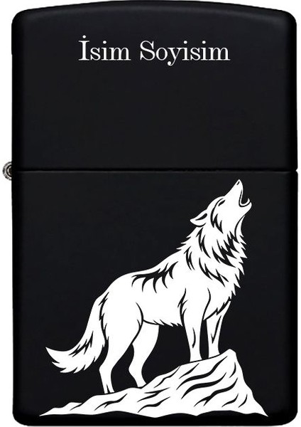Kurt Desenli Kişiye Özel Isimli Benzinli Siyah Metal Çakmak MP16