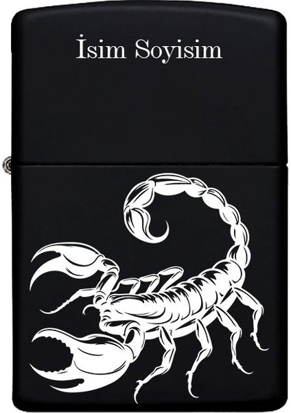 Akrep Figürlü Kişiye Özel Isimli Benzinli Siyah Metal Çakmak