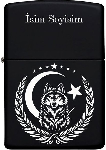 Kurt ve Ay Yıldız Desenli Kişiye Özel Isimli Benzinli Siyah Metal Çakmak MP15
