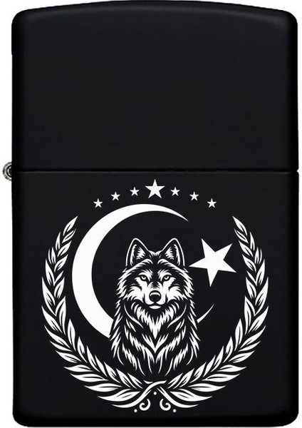 Kurt ve Ay Yıldız Desenli Kişiye Özel Isimli Benzinli Siyah Metal Çakmak MP15 fiyatları