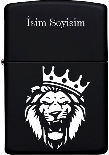 Aslan Kral Desenli Kişiye Özel Isimli Benzinli Siyah Metal Çakmak