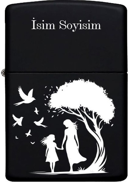 Anne ve Kızı Desenli Kişiye Özel Isimli Benzinli Siyah Metal Çakmak