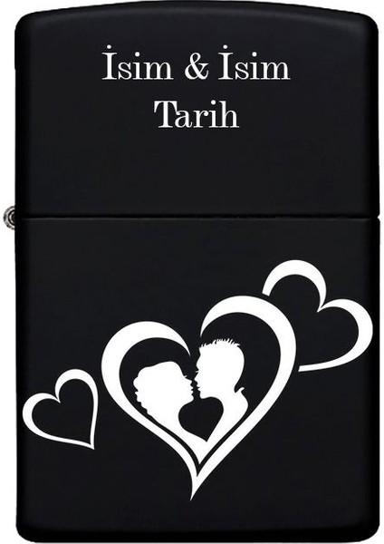Kalp Desenli Sevgililer Için Kişiye Özel Isimli Benzinli Siyah Metal Çakmak