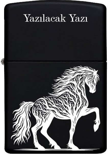 At Figürlü Kişiye Özel Isimli Benzinli Siyah Metal Çakmak
