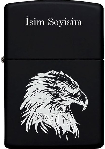 Kartal Desenli Kişiye Özel Isimli Benzinli Siyah Metal Çakmak MP13