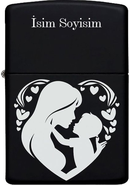 Anne ve Çocuk Desenli Kişiye Özel Isimli Benzinli Siyah Metal Çakmak