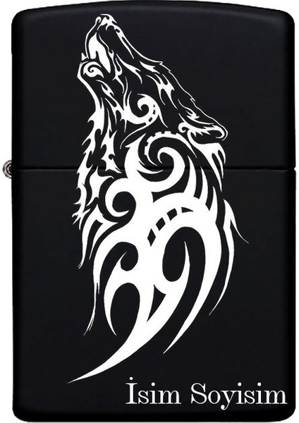 Kurt Figürlü Kişiye Özel Isimli Benzinli Siyah Metal Çakmak