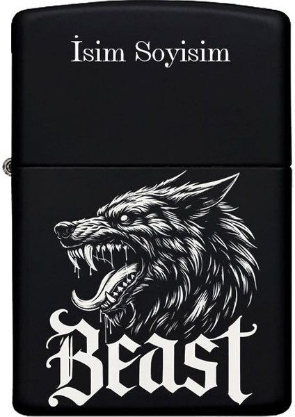 Beast Desenli Kişiye Özel Isimli Benzinli Siyah Metal Çakmak