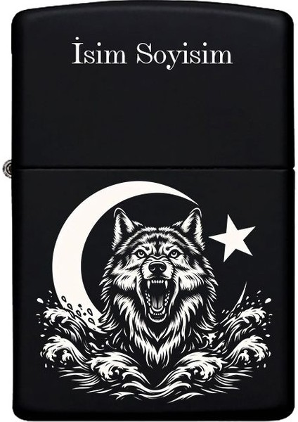 Kurt ve Ay Yıldız Desenli Kişiye Özel Isimli Benzinli Siyah Metal Çakmak