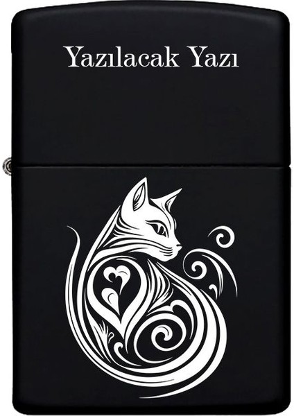 Kedi Figürlü Kişiye Özel Isimli Benzinli Siyah Metal Çakmak