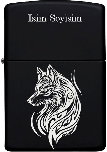 Kurt Desenli Kişiye Özel Isimli Benzinli Siyah Metal Çakmak MP14