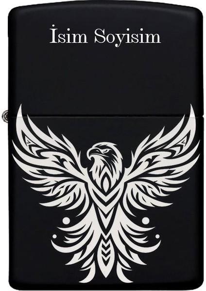 Kartal Figürlü Kişiye Özel Isimli Benzinli Siyah Metal Çakmak