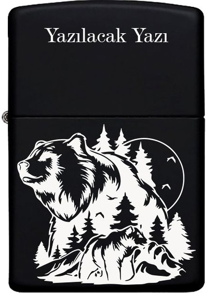 Ayı ve Orman Desenli Kişiye Özel Isimli Benzinli Siyah Metal Çakmak