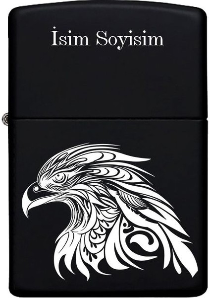 Kartal Desenli Kişiye Özel Isimli Benzinli Siyah Metal Çakmak MP12