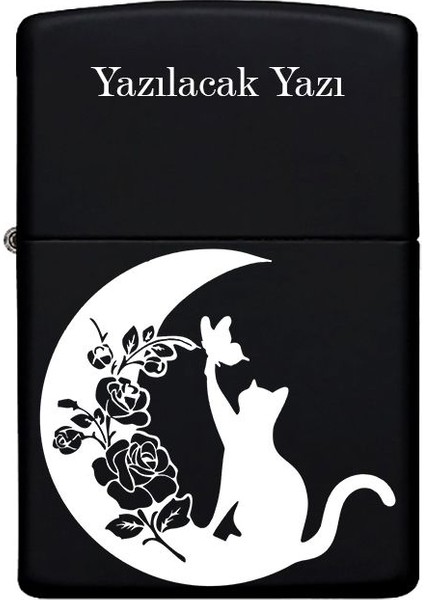 Kedi Desenli Kişiye Özel Isimli Benzinli Siyah Metal Çakmak MP18