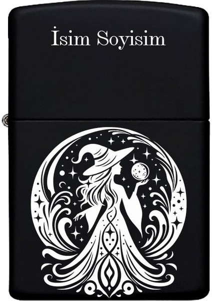 Kadın Büyücü Desenli Kişiye Özel Isimli Benzinli Siyah Metal Çakmak