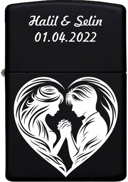 Kalp Desenli Sevgililer Için Kişiye Özel Isimli Benzinli Siyah Metal Çakmak MP23
