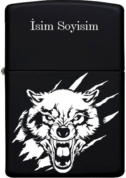 Kurt Kafası Desenli Kişiye Özel Isimli Benzinli Siyah Metal Çakmak