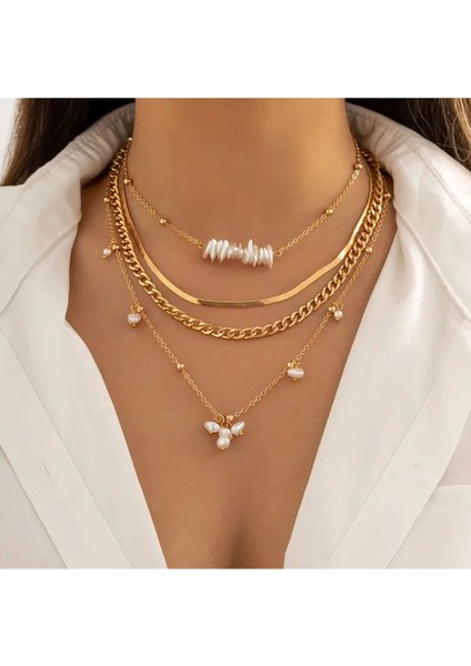 Senky 4 Adet Gold Zincir Beyaz Taşlı Kolye Seti