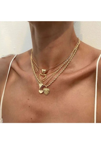 Yasna 5'li Gold Kalpli Zincir Kolye Seti modelleri
