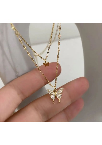 Silk Kelebek Figürlü Iki Katmanlı Zarif Kolye