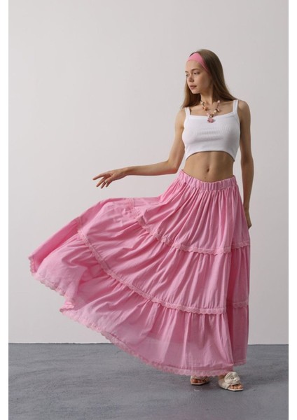 Dantel Detaylı Etek - Pembe