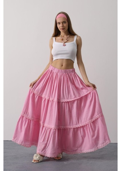 Dantel Detaylı Etek - Pembe