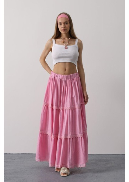 Dantel Detaylı Etek - Pembe