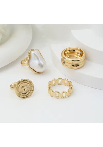 Dyra 4 Adet Gold Yüzük Seti Beyaz Taşlı modelleri