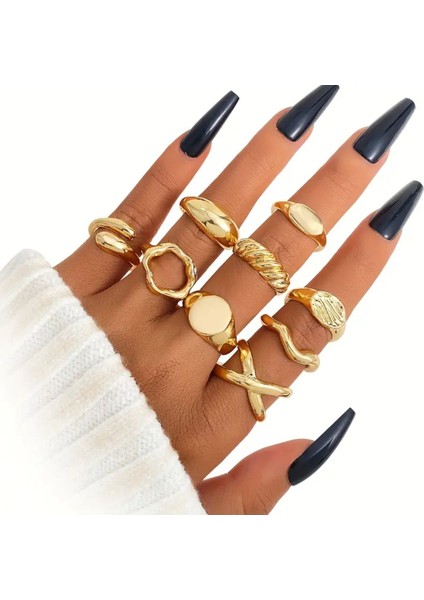 Rina 9 Adet Punk Stili Gold Yüzük Seti