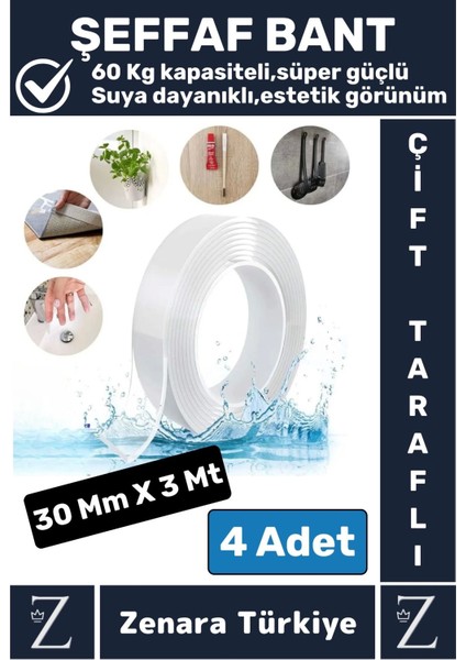 Premium Güçlü Yüksek Mukavemetli 60 kg Kapasite Nano Çift Taraflı Doku Şeffaf Bant 3 Metre x 4 Adet