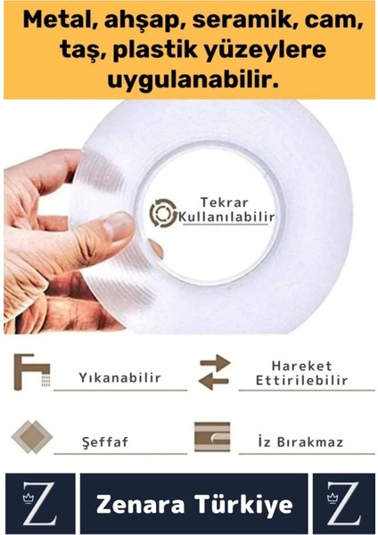 Premium Güçlü Yüksek Mukavemetli 60 kg Kapasite Nano Çift Taraflı Doku Şeffaf Bant 3 Metre x 4 Adet
