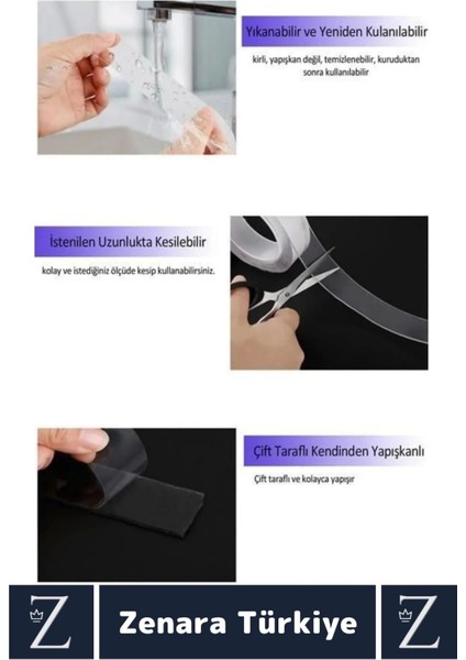 Premium Güçlü Yüksek Mukavemetli 60 kg Kapasite Nano Çift Taraflı Doku Şeffaf Bant 3 Metre x 4 Adet
