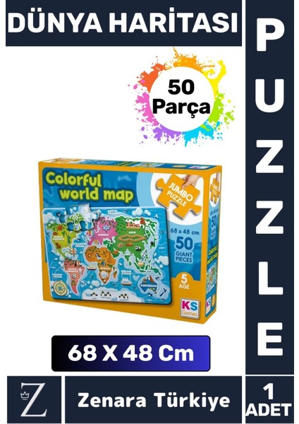 Eğlenceli Eğitici Görsel Algı Problem Çözme Becerisi Çocuk Büyük Boy Puzzle 50 Parça Dünya Haritası