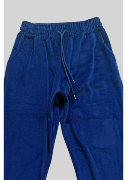 Parlak Kadife Cepli Pantolon Eşofman Pijama Altı Unisex Lastikli Paça Lacivert