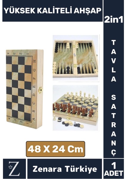 Premium Yüksek Kaliteli Ahşap Arkadaş Oyun Hediyelik Ahşap Tavla Satranç 2 In 1 Oyun Seti 48 x 24 cm