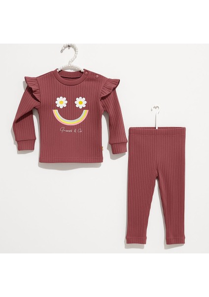 Bordo Çizgili Çiçek Desenli Kız Bebek Pijama Takımı-Choose Happy