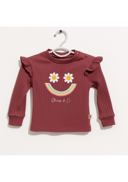 Bordo Çizgili Çiçek Desenli Kız Bebek Pijama Takımı-Choose Happy fiyatları