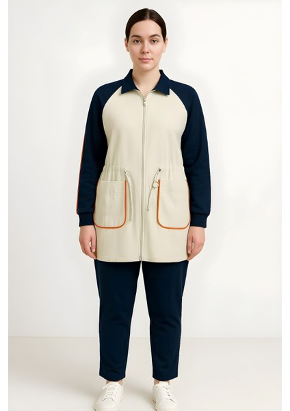 Gözde Kadın Lacivert Trend Ortadan Fermuarlı Gömlek Pantolon Takım GOZDE-6739