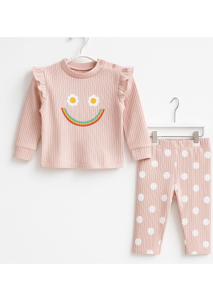 Krem Çizgili Çiçek Desenli Kız Bebek Pijama Takımı-Choose Happy