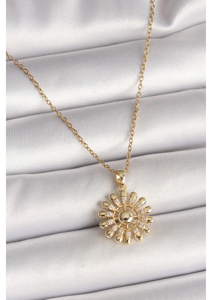 316L Çelik Gold Renk Zincir Zirkon Taşlı Güneş Model Kadın Kolye