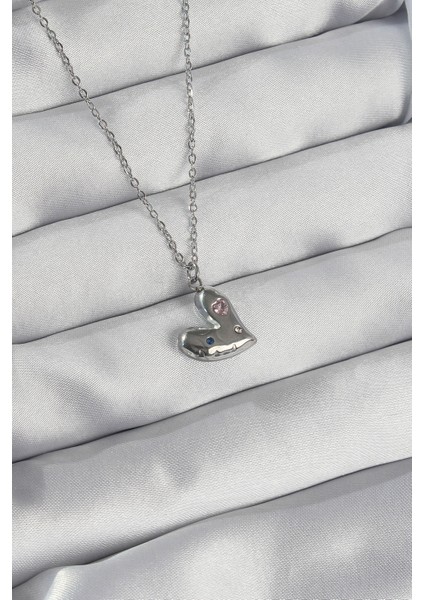 316L Çelik Zincir Gümüş Renk Renkli Zirkon Taşlı Kalp Kolye - EBJ240807W25483