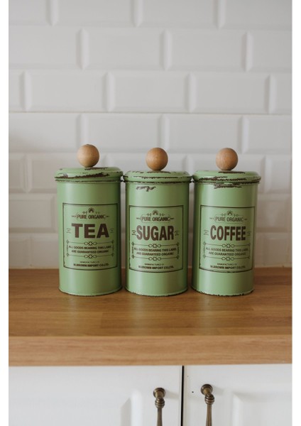 3'lü Galvaniz Yeşil-Kahverengi Vintage Çay- Kahve - Şeker Kavanoz Seti (Tea-Sugar-Coffee)