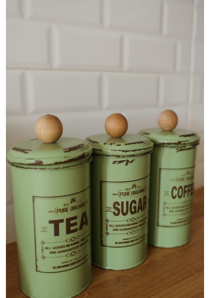 3'lü Galvaniz Yeşil-Kahverengi Vintage Çay- Kahve - Şeker Kavanoz Seti (Tea-Sugar-Coffee) fiyatları