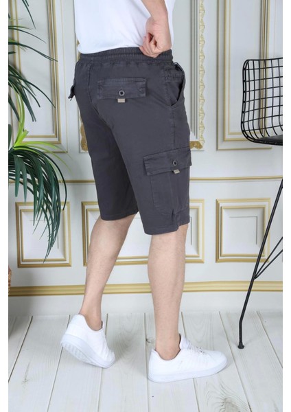 Erkek Füme Likralı Gabardin Şort Kargo Cepli Pamuklu Beli Lastikli Bağcıklı Basic Şort