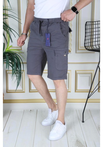 Erkek Gri Likralı Gabardin Şort Kargo Cepli Pamuklu Beli Lastikli Bağcıklı Basic Şort